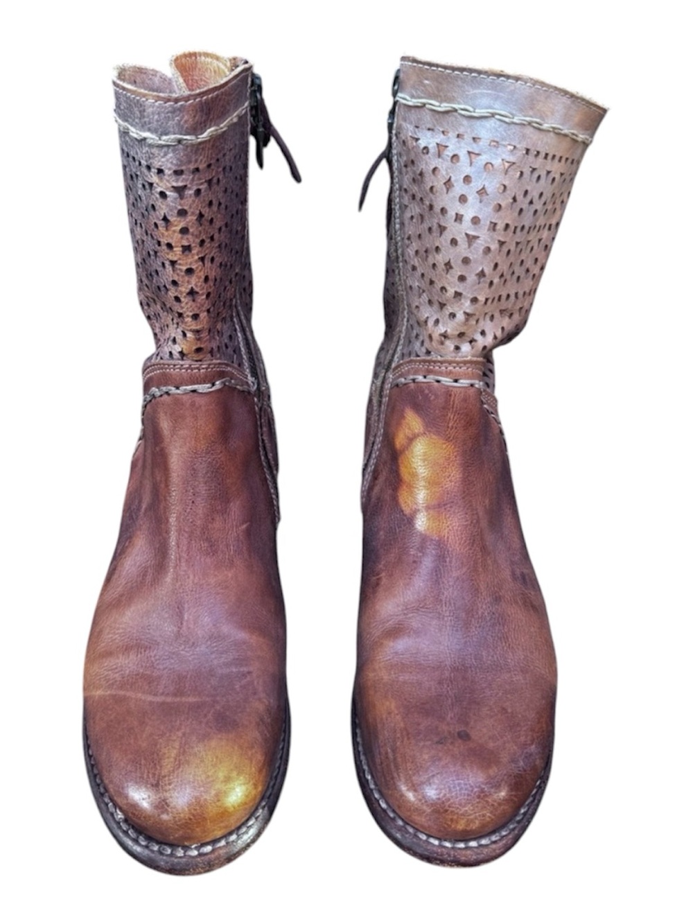 BED|STU Women's Distressed Brown Perforated Leather Ankle Boots Size 7